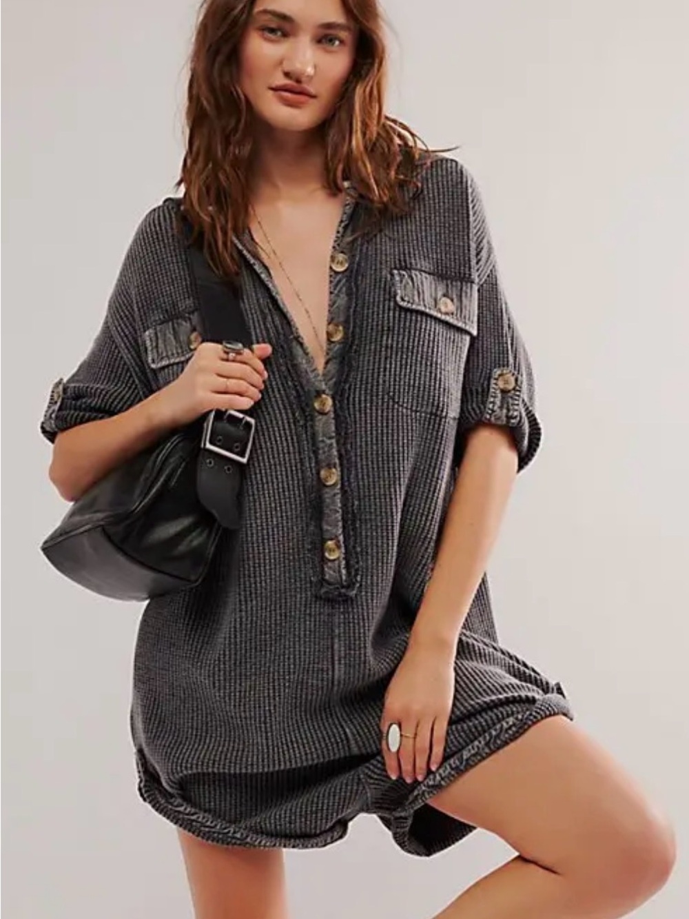 Free People One Scout Short Sleeve Romper in Charcoal